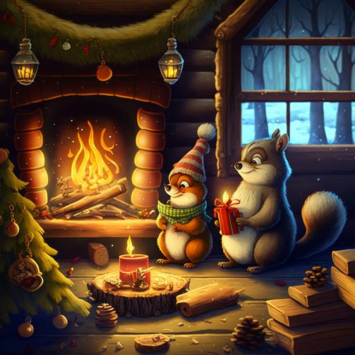 two squirrels decorating for Christmas, cartoon, inside a cabin, fireplace