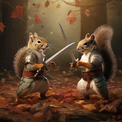 two squirrels with swords dueling for acorns.