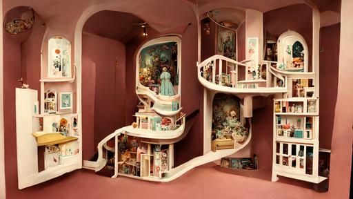 two-story dollhouse with stairs styled by Mark Ryden and James Jean, interior view, realistic --wallpaper