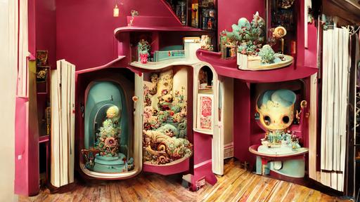 two-story dollhouse with stairs styled by Mark Ryden and James Jean, interior view, realistic --wallpaper