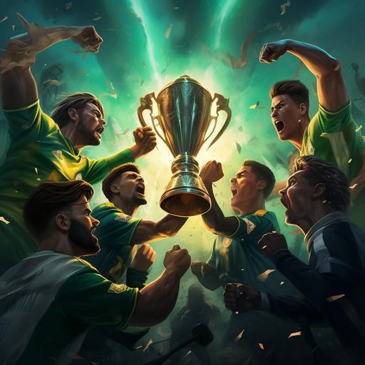 two teams of 4 players reaching for a trophy in the middle, dynamic, semi realistic illustration style, males, wearing green soccer jerseys, players coming in from different angles, semi vibrant colors, some players yelling, serious tone, dark stormy background lighting. dramatic lighting