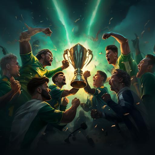two teams of 4 players reaching for a trophy in the middle, dynamic, semi realistic illustration style, males, wearing green soccer jerseys, players coming in from different angles, semi vibrant colors, some players yelling, serious tone, dark stormy background lighting. dramatic lighting