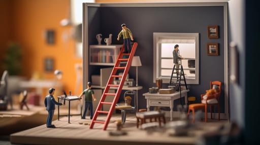 two tiny figurine replicas of HGTV designers painting the walls of a tiny model bedroom clear 4k high definition background, Color Film, High-Resolution Post --ar 16:9