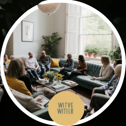 two trainers and a group of eight adults who are psychotherapists, both men and women, attending an informal weekend workshop that is being taught by a man and a women who are standing in front of the group, the setting is a very stylish decorated living room in muted tones of grey, white, greens and yellows, the location is london uk and it is a morning in early summer. the group are sitting on a mixture of sofas and arm chairs around the edges of the room and there are side tables with glass tumblers of water and carafs of water, the room is decorated with neutral artwork, carpets and area rugs and has wood side tables and end tables everyone looks happy and enjoying the workshop ar 16:9