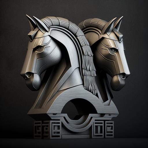 two trojan horse head's on omega greek symbol, facing front, minimalistic 2D flat logo, metalic like, bi-chromatic grey background, upper lighting, 4k --v 4