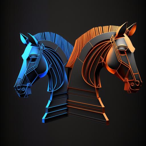 two trojan horse head's on omega greek symbol, facing same direction, minimalistic flat logo, metalic like, orange principal color and blue electric lines and black background, 4k --v 4