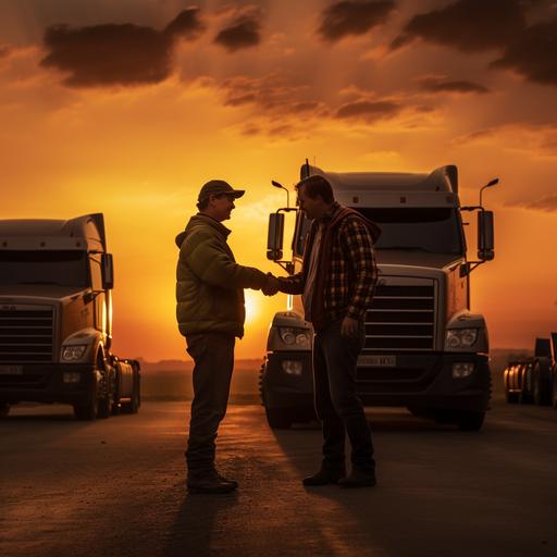 two truck drivers giving a handshake with their trucks behind in a beautiful sunset