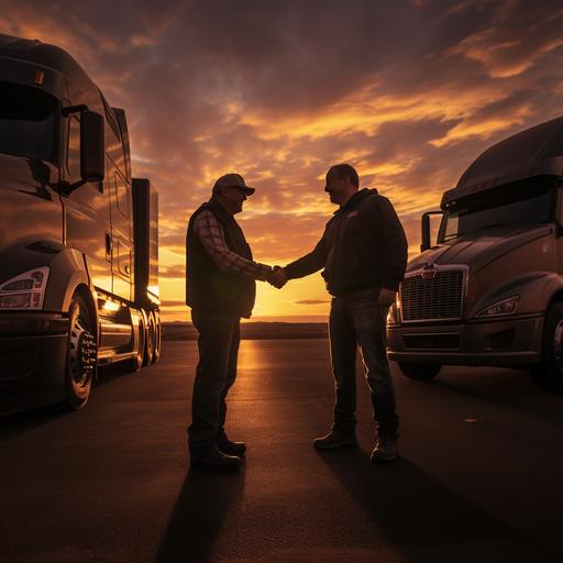 two truck drivers giving a handshake with their trucks behind in a beautiful sunset