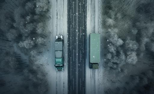 two trucks on a snowy road positioned on screen, in the style of data visualization, jusepe de ribera, innovative page design, security camera, light gray and emerald, soggy, birds-eye-view --ar 64:39