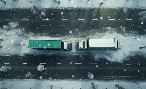 two trucks on a snowy road positioned on screen, in the style of data visualization, jusepe de ribera, innovative page design, security camera, light gray and emerald, soggy, birds-eye-view --ar 64:39