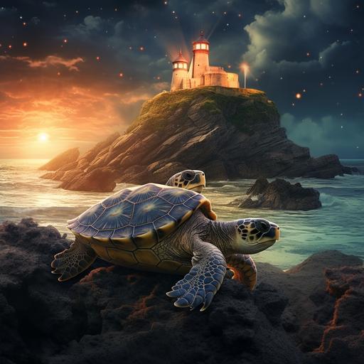 two turtles walking on the beach stumble upon a mysteriously glowing lighthouse that piques their curiosity