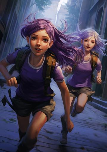 two twin girls with purple hair, running through school, chased by one spider monster headmistress, in the style of violet and bronze, realistic hyper-detailed, youthful protagonists --ar 12:17