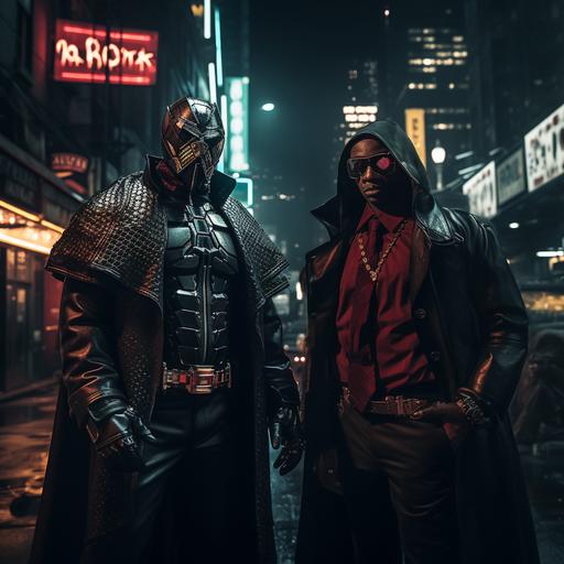 two villains wearing a combination of villain costumes and street wear on a dark night in the city