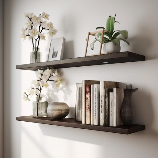 two wenge short straight very thin shelves on a light wall with flowers and books in the kitchen, realistic photo