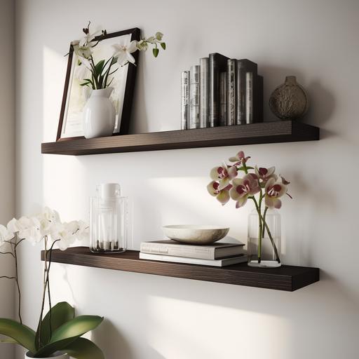 two wenge short straight very thin shelves on a light wall with flowers and books in the kitchen, realistic photo