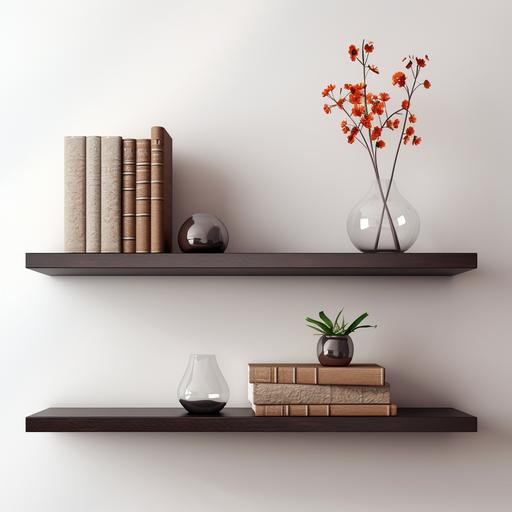 two wenge short straight very thin shelves on a light wall with flowers and books, realistic photo
