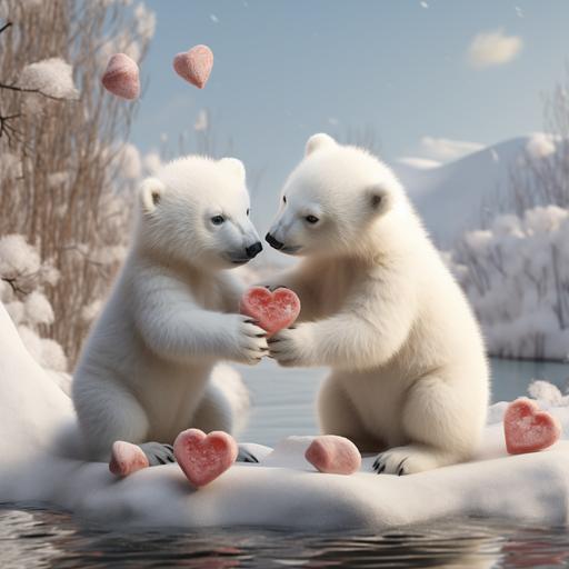 two white & small pollar bear cubs playing with 3D heart
