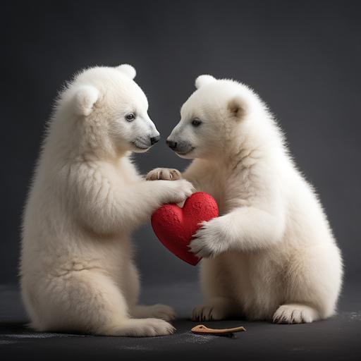 two white & small pollar bear cubs playing with 3D heart