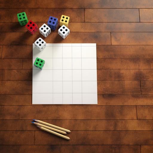 two white blank mockup papers laying on a bamboo table with colored dices and black Highlighters around it, shot from above in natural sunlight. The style is hyper - realistic, with a high level of detail in the texture