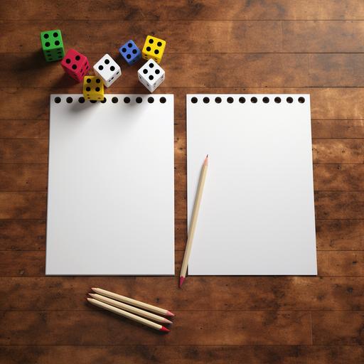 two white blank mockup papers laying on a bamboo table with colored dices and black Highlighters around it, shot from above in natural sunlight. The style is hyper - realistic, with a high level of detail in the texture