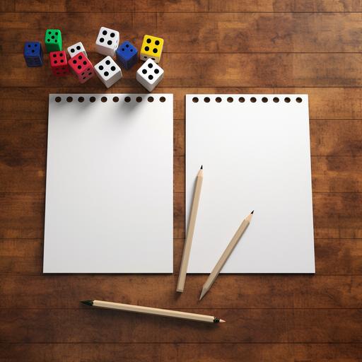 two white blank mockup papers laying on a bamboo table with colored dices and black Highlighters around it, shot from above in natural sunlight. The style is hyper - realistic, with a high level of detail in the texture