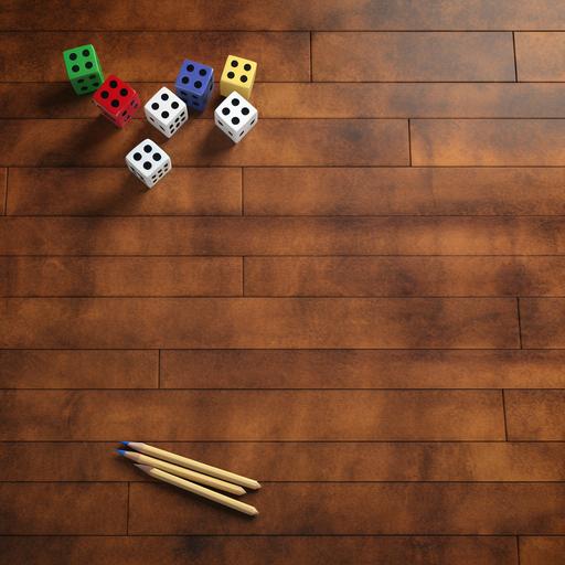 two white blank mockup papers laying on a bamboo table with colored dices and black Highlighters around it, shot from above in natural sunlight. The style is hyper - realistic, with a high level of detail in the texture