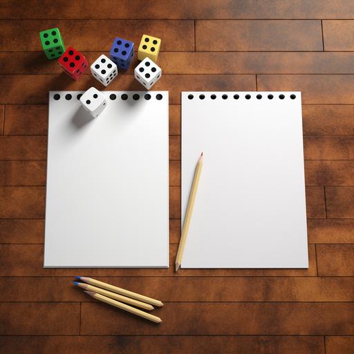 two white blank mockup papers laying on a bamboo table with colored dices and black Highlighters around it, shot from above in natural sunlight. The style is hyper - realistic, with a high level of detail in the texture