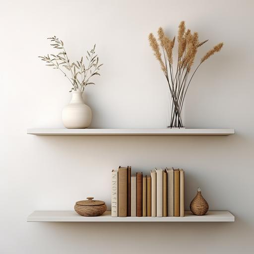 two white short straight very thin shelves on a light wall with flowers and books, realistic photo