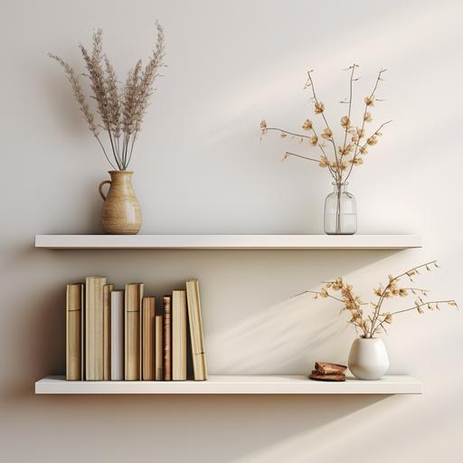 two white short straight very thin shelves on a light wall with flowers and books, realistic photo