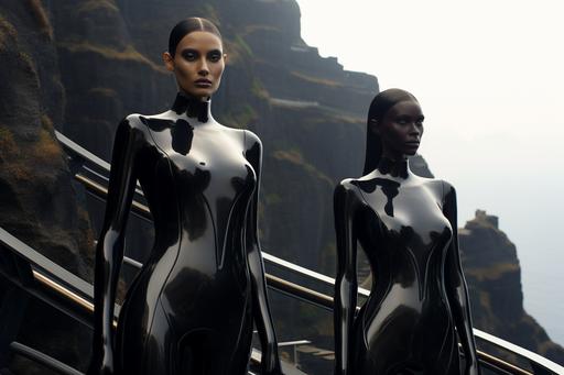 two women , one in black liquid latex catsuit, one in white liqud latex suit, in a futuristic all black on black mansion build into a cliff , vulcanic black tones, luxury , --ar 3:2