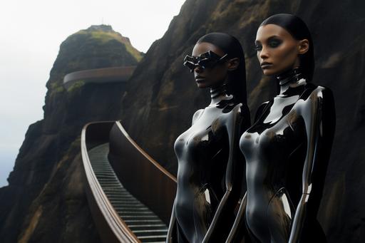 two women , one in black liquid latex catsuit, one in white liqud latex suit, in a futuristic all black on black mansion build into a cliff , vulcanic black tones, luxury , --ar 3:2