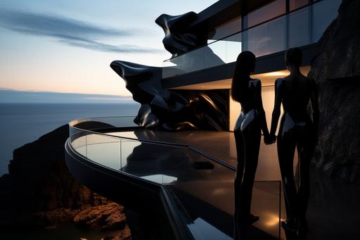 two women in a romantic relationship , one in black liquid latex catsuit, one in white liqud latex suit, in a futuristic all black on black mansion build into a cliff , vulcanic black tones, luxury , --ar 3:2
