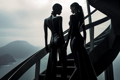 two women in a romantic relationship , one in black liquid latex catsuit, one in white liqud latex suit, in a futuristic all black on black mansion build into a cliff , vulcanic black tones, luxury , hazy, moody , passion , --ar 3:2