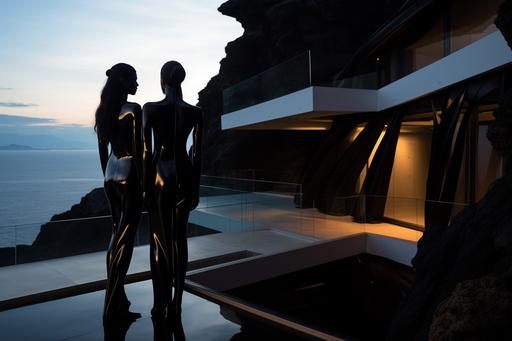 two women in a romantic relationship , one in black liquid latex catsuit, one in white liqud latex suit, in a futuristic all black on black mansion build into a cliff , vulcanic black tones, luxury , --ar 3:2