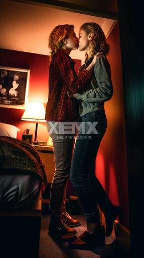 two women in bikins kissing in bedroom by alex ross full body portrait, gorgeous face, looking at camera, feminine body, camera looking up, extreme low angle, dark background, cinematic lighting, --ar 9:16 --v 5