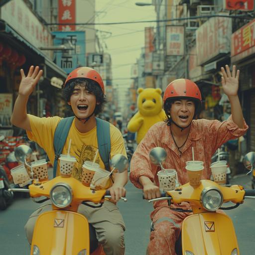 two young Asian guys in Taipei racing down a street on a scooter on a hot summer day, they hold multiple cups of boba tea, bubble tea, 茶， they waving merrily and laugh, standing in the background is an grumpy dude in a yellow bear costume (with red shirt on) looks on from the sidelines, in the style of an exaggerated cartoon pencil drawing --s 600 --v 6.0 --c 35