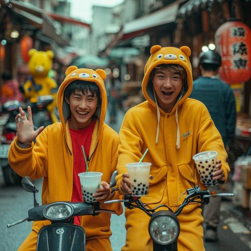 two young Asian guys in Taipei racing down a street on a scooter on a hot summer day, they hold multiple cups of boba tea, bubble tea, 茶， waving merrily, standing in the background is an angry dude in a yellow bear costume (with red shirt on) looks on from the sidelines, in the style of an exaggerated cartoon pencil drawing --s 600 --v 6.0 --c 25