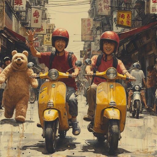 two young Asian guys in Taipei racing down a street on a scooter on a hot summer day, they hold multiple cups of boba tea, bubble tea, 茶， they wave and laugh merrily, standing in the background is an angry dude in a Winnie the Pooh bear costume (with red shirt on) looks on from the sidelines, in the style of an exaggerated cartoon pencil drawing --s 600 --v 6.0 --c 25