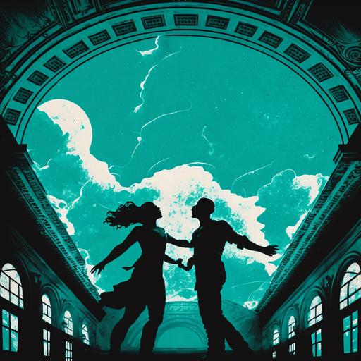 two young lovers in silhouette dancing on the celestial turquoise zodiac ceiling of grand central terminal in New York in the style of Wes Anderson