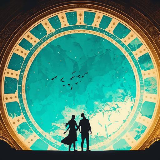two young lovers in silhouette dancing on the celestial turquoise and gold zodiac ceiling of grand central terminal in New York in the style of Wes Anderson la la land, 8k