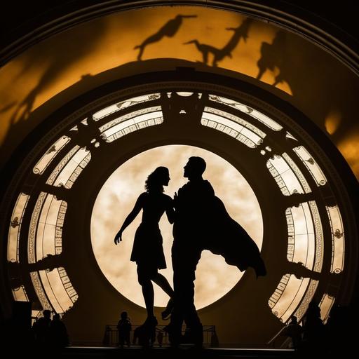 two young lovers in silhouette dancing on the celestial ceiling of grand central terminal