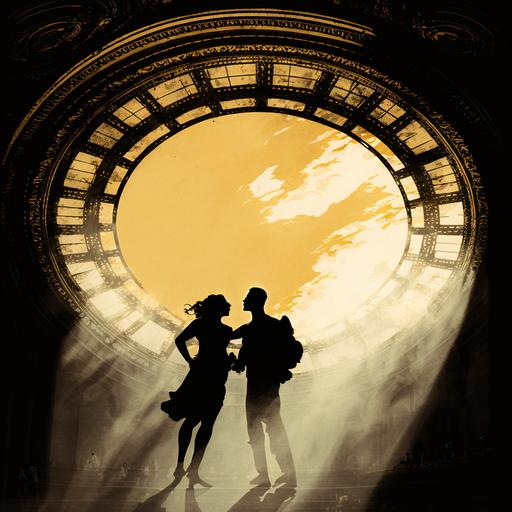 two young lovers in silhouette dancing on the celestial ceiling of grand central terminal