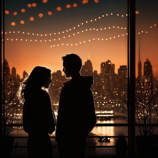 two young lovers in silhouette standing on a New York City Hudson yards rooftop garden at night lit by the warm glow of string lights
