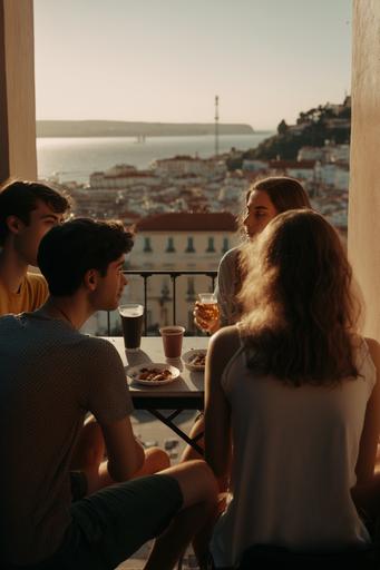 two young men and two young women sitting in a terrasse, a view of lisbon in the background, drink, birthday, dance, happiness, love, wide shot, cinematic, realistic 4k. --v 4 --ar 2:3