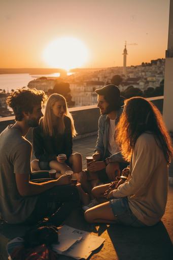 two young men and two young women sitting in a terrasse, they are talking, view of lisbon in the background, drink, birthday, happiness, love, sunset, nature, no outline 4k. --v 4 --ar 2:3