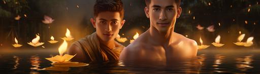 two young muscular male characters celebrating the Thai festival of floating candle lights at riverside; hyper-realistic; volumetriic lighting; --ar 7:2