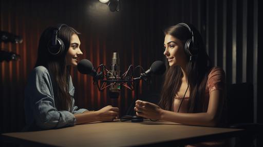 two young women facing each other doing a podcast with headphones and microphones, photorealistic, global illumination, sony alpha a7 --ar 16:9