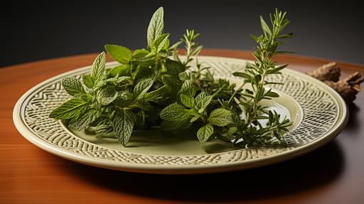 tyme herb on a plate, blank background, pixel perfect, cinquecento, meticulous design, intricate patterns, delicate lines, 8k, --ar 16:9 --stylize 1000 --style raw