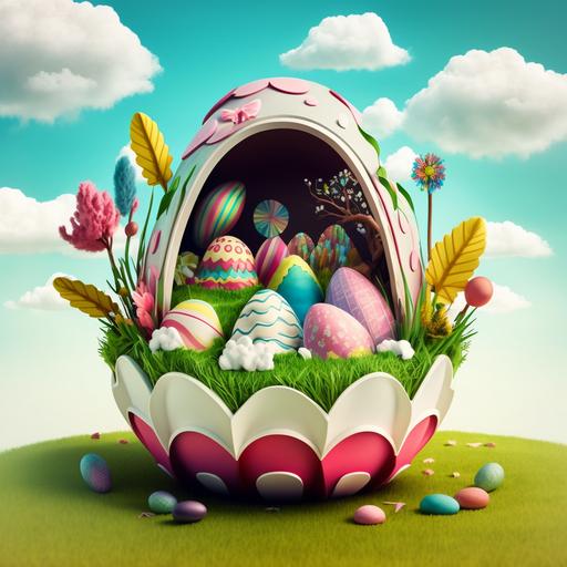 Easter egg-shaped basket, Pastel-colored eggs, Pink bunny ears and nose, Bright green grass, Blue sky with fluffy white clouds, Colorful flowers, Sunlight filtering through trees.
