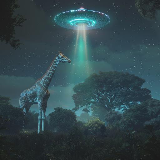 ufo abducting a giraffe, flying saucer with cone of sparkly mint green light, night time zoo